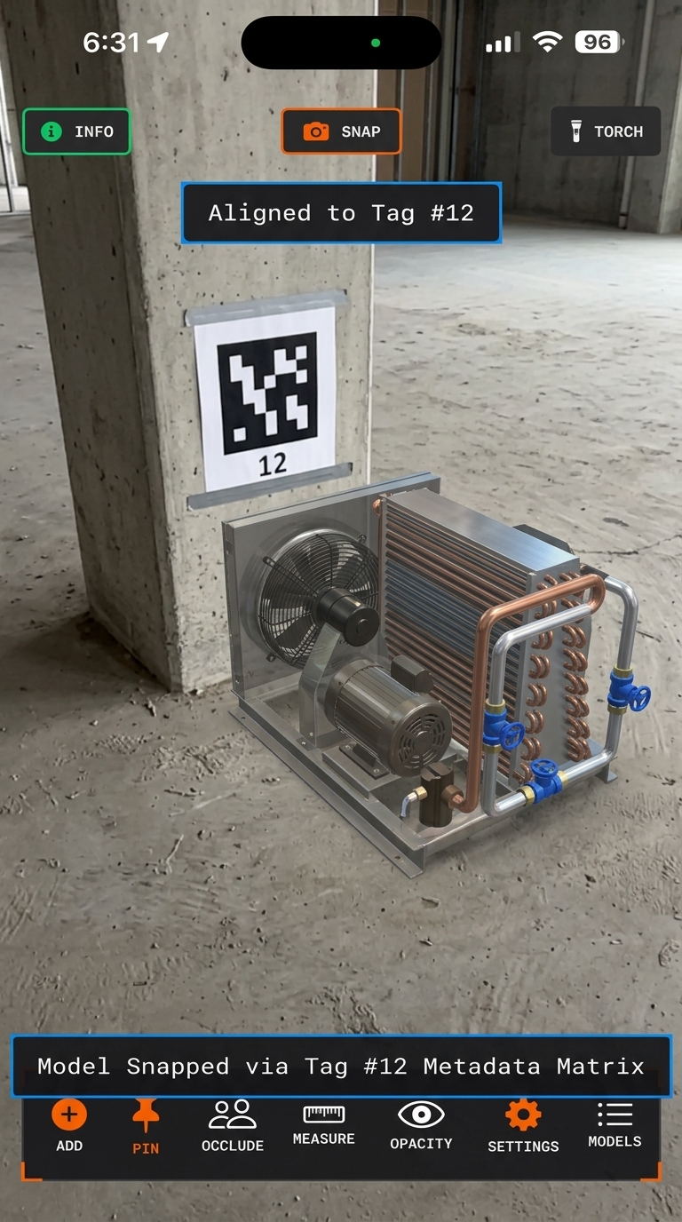 OnsiteBIM Alignment Target auto-aligned 3D mechanical equipment on jobsite floor