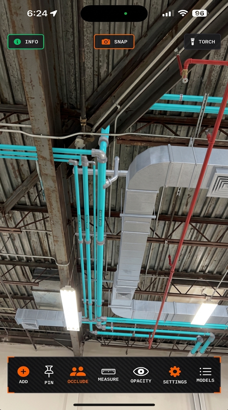 OnsiteBIM App UI displaying 3D BIM model overlay on active construction site