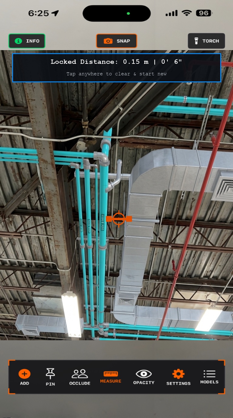 OnsiteBIM 3D Tape Measure measuring horizontal clearance between blue pipe and grey duct