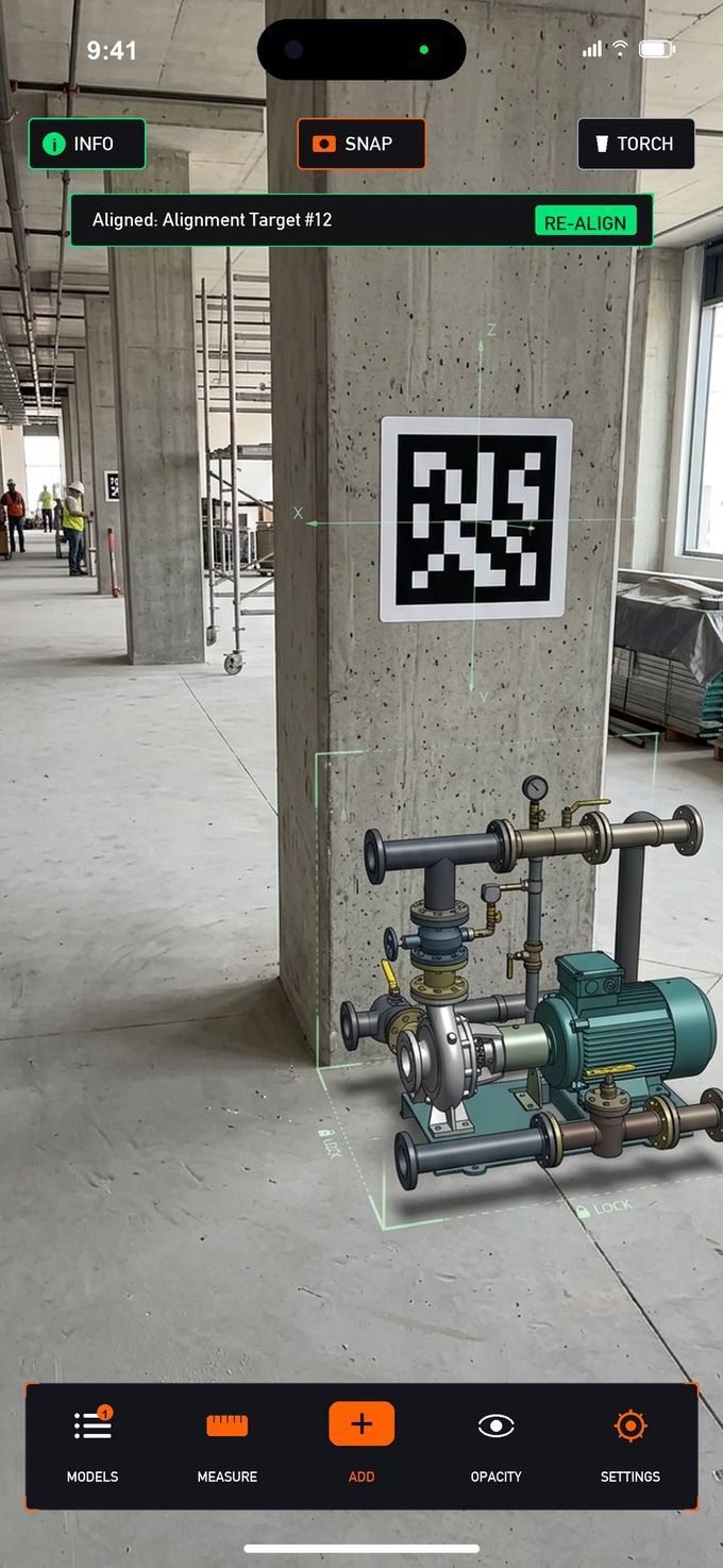 OnsiteBIM Alignment Target auto-aligned mechanical pump assembly on jobsite floor